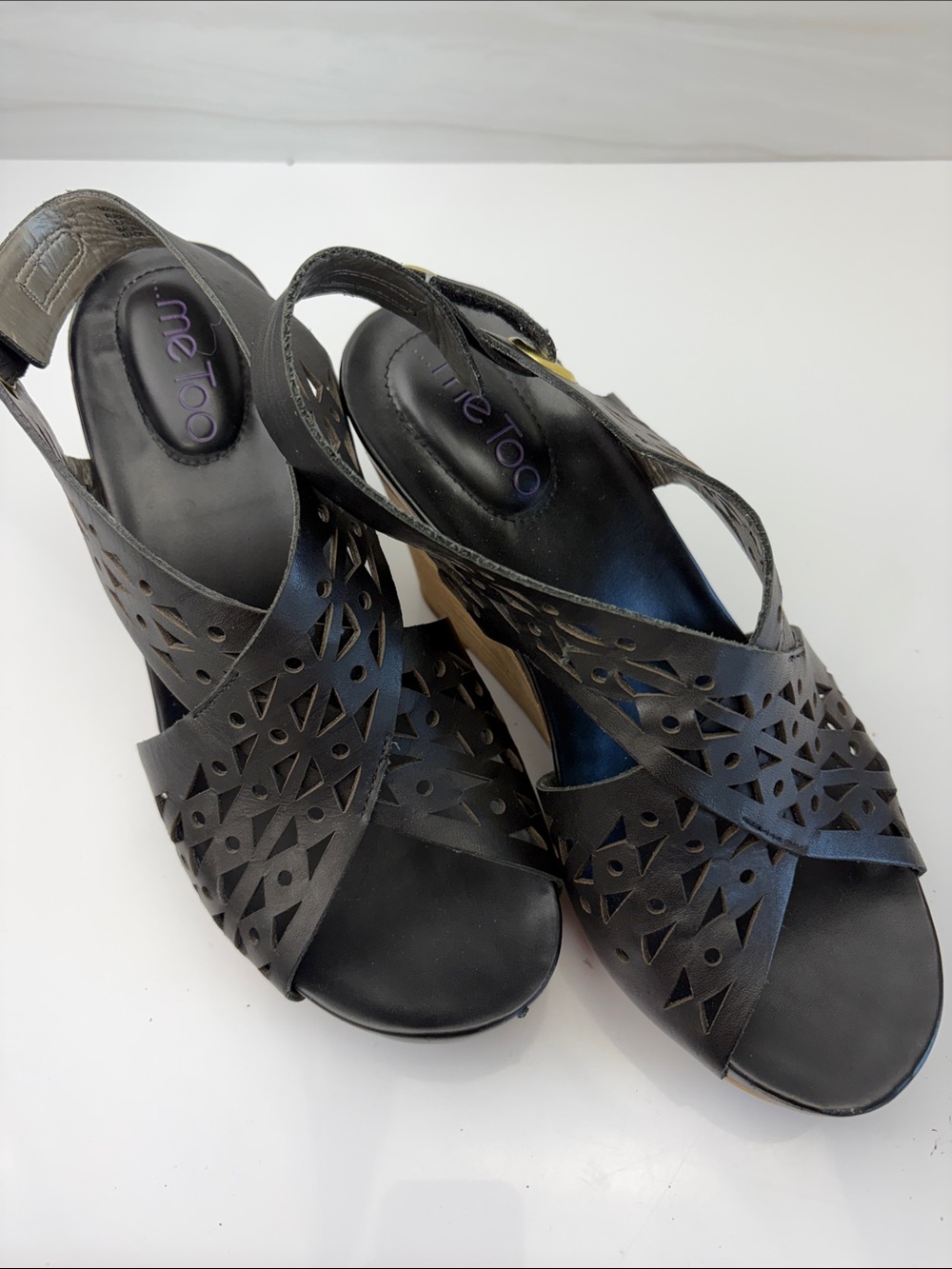 me too Black Laser-Cut Crisscross Wedge Sandals